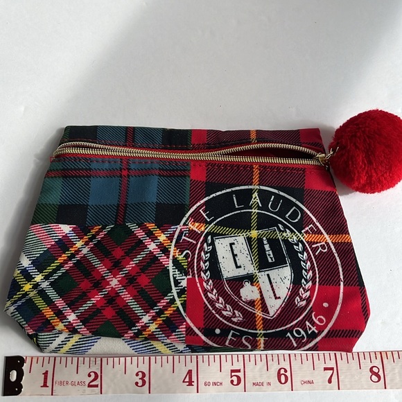 Estee Lauder Makeup Bag Plaid with Pompom Pouch NWOT - Picture 7 of 8